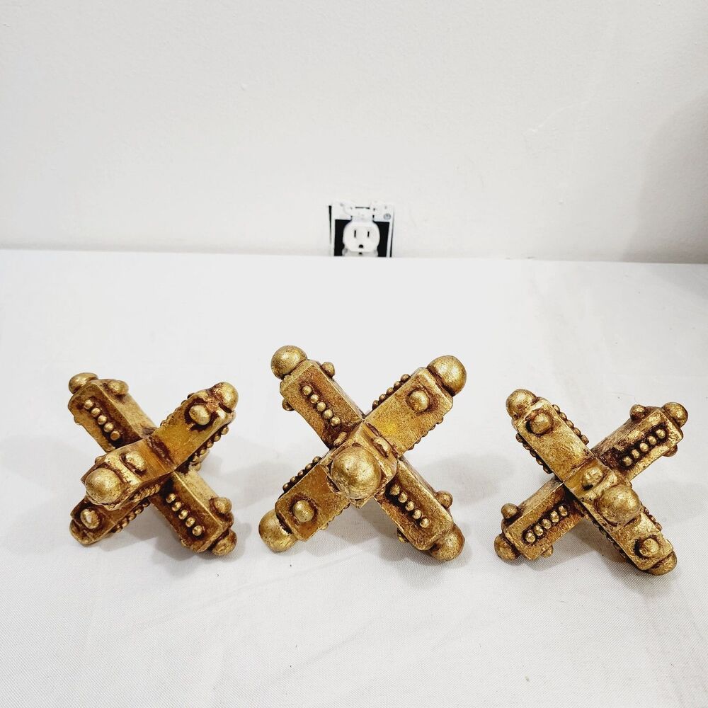 Set of 3 Vintage Gold Jacks Decor Large Mid Century MCM Distressed Paperweight